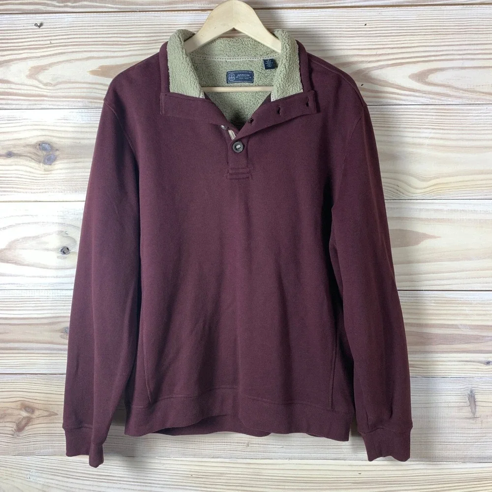 Arrow Sweater Men Medium Henley Button Sherpa Collar Fleece Soft Pullover Maroon